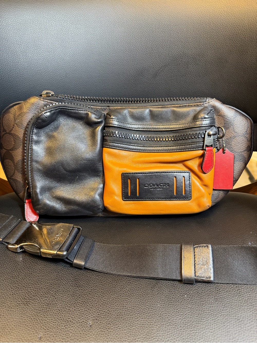 Coach Men's Black, Tan & Red Leather Belt Bag